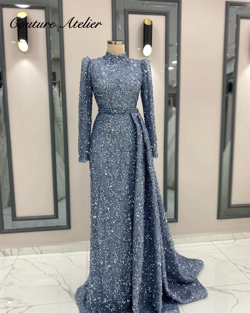 

Aracic Blue Beaded Long Sleeve Muslim Evening Dresses With Train Wedding Party Dress Luxury Turkey Prom Gowns Elegant High Neck