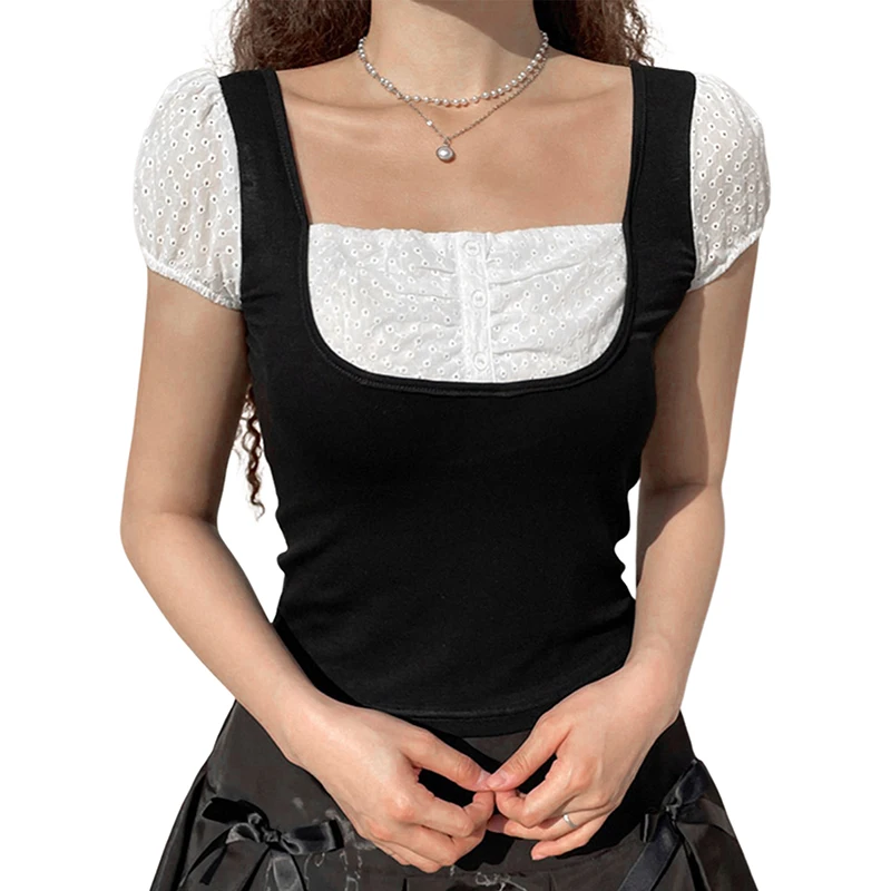 

Women Y2K Lace Retro Short Sleeve T-Shirt Bowknot Crystal Pullover Patchwork -Fit Tops Blouse
