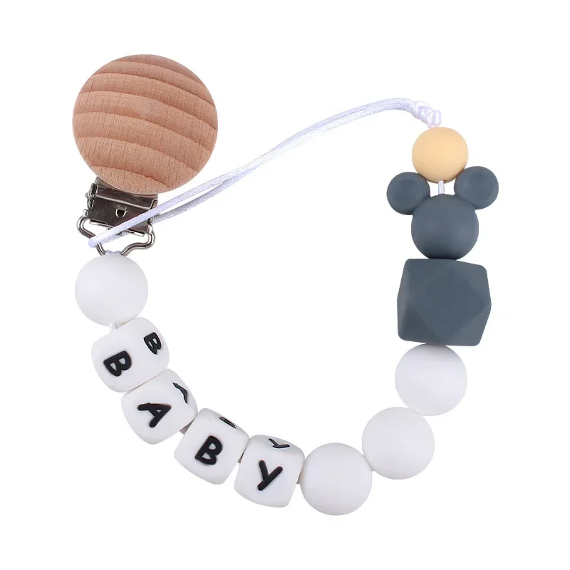 Custom English Silicone Letter Name Animal Silicone Beads Pendant Pacifier Clips Chains Teether Baby Shower Gifts