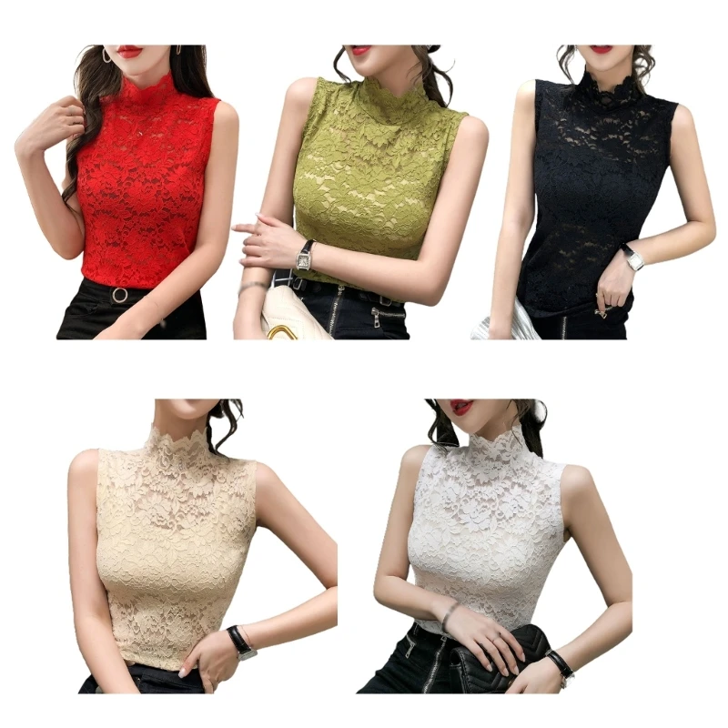 

Women T-Shirts Sexy Turtleneck Lace Fitted for Tank Top Fit Tunic Bottoming
