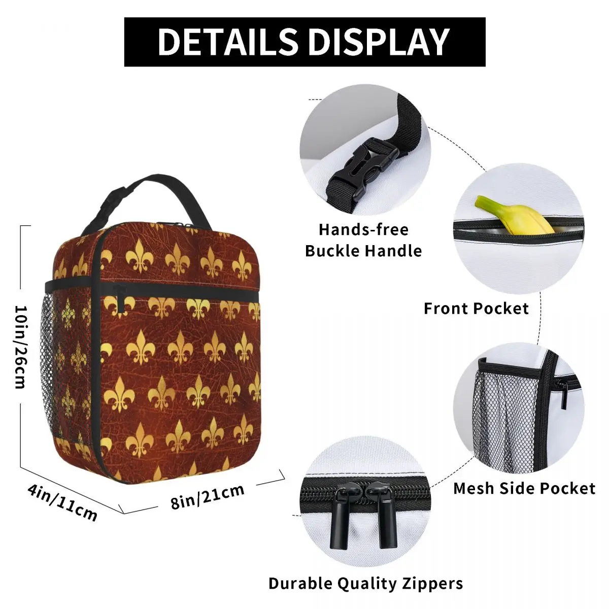 Custom Royal Gold Brown Leather Fleur De Lis Lily Flower Lunch Bag Women Thermal Cooler Insulated Lunch Box for Kids School