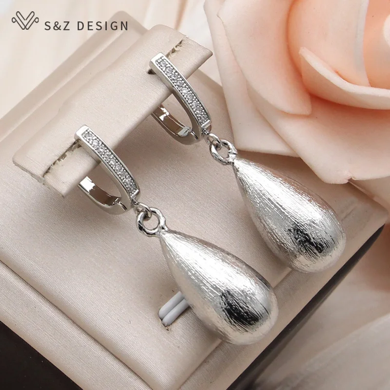 S&Z DESIGN New Fashion Smooth Water Drop Metal Dangle Earrings For Women Girl 585 Rose Gold Color Cubic Zirconia Jewelry Gift