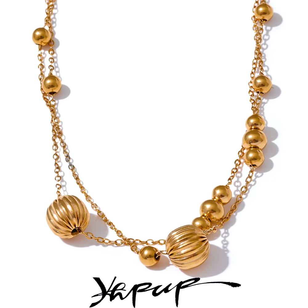 Yhpup Statement-Edelstahl-Vintage-Perlenkette, handgefertigte Pullover-Halskette, trendiger goldener 18 Karat vergoldeter Modeschmuck, neu