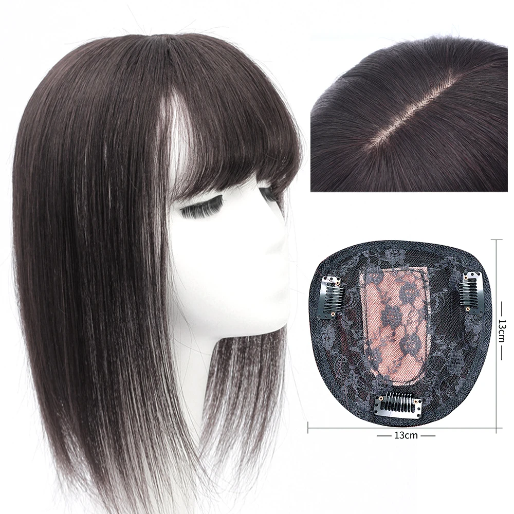 

13*13 cm 8" 10" Topper Hair Piece with Bangs 100% Real Remy Human Hair Topper for Women with Thin Hair Loss Hair Natural Brown