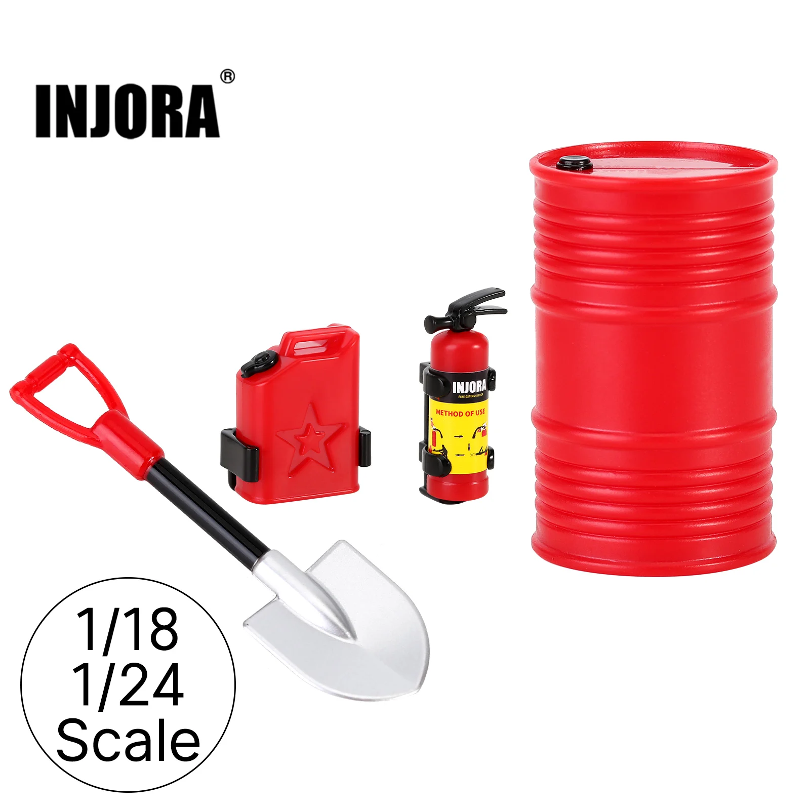 

INJORA Molded Decoration Fire Extinguisher Fuel Tank Shovel Oil Drum For 1/18 1/24 RC Crawler Car TRX4M SCX24 FCX24 Enduro24