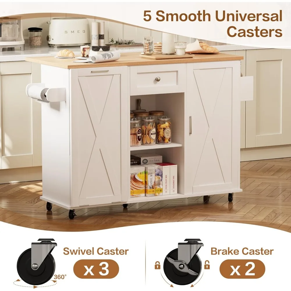 Rolling Kitchen Island with Trash Can Storage, Kitchen Island Cart with Drop Leaf Countertop,  Kitchen Island on Wheels 4