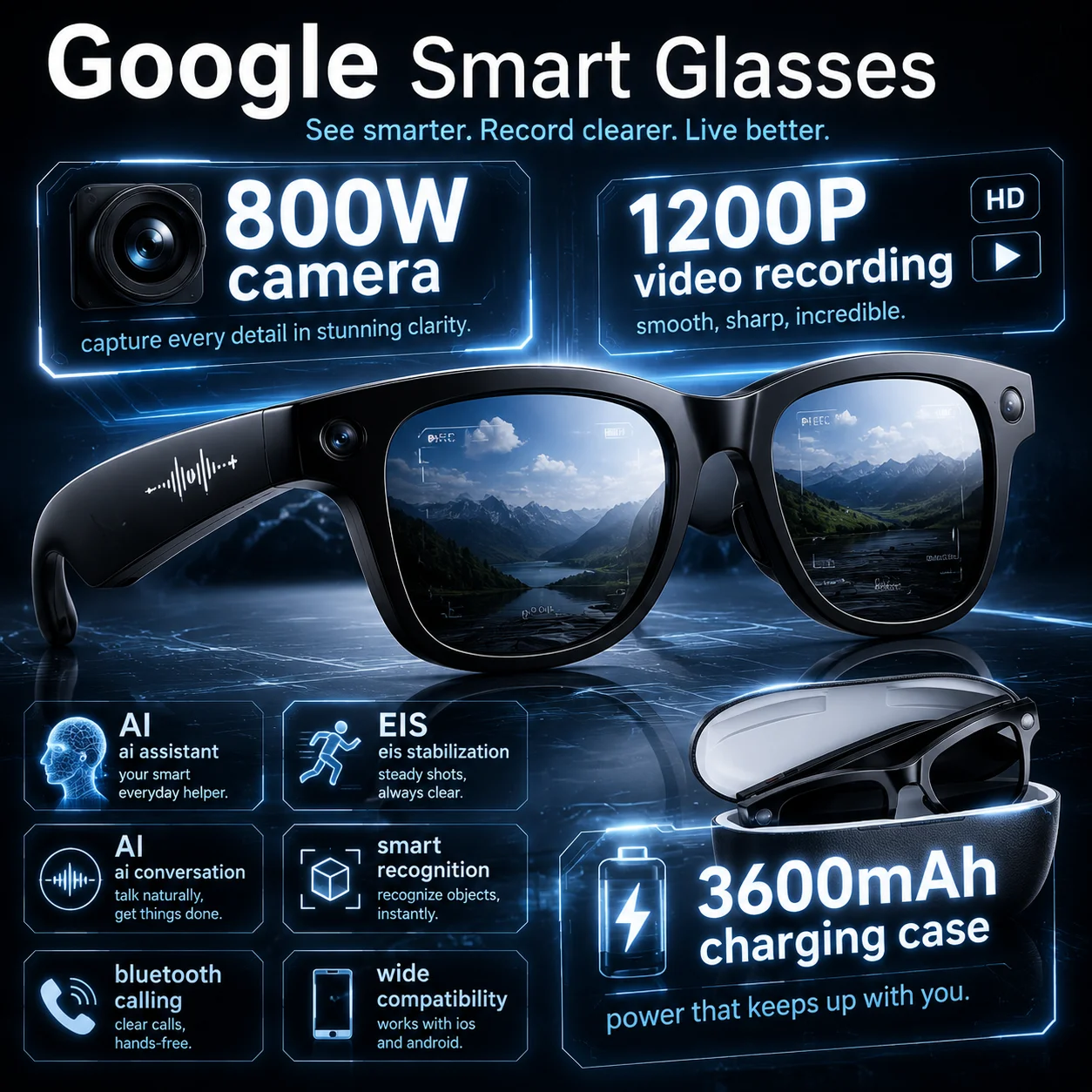 Occhiali Smart AI 2026 M02 Ultra con Fotocamera HD 1080P, ChatGPT, Custodia di Ricarica da 3600mAh, Power Bank, 32GB, Traduzione, Musica e Video - Occhiali da Sole