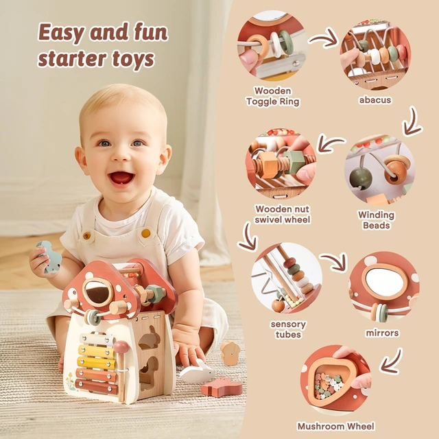 Baby Montessori Toy Wooden Five-in-one Mushroom Castle Stacking Puzzle Toy Kid Houses Blocks Early Childhood Education Game Gift 3
