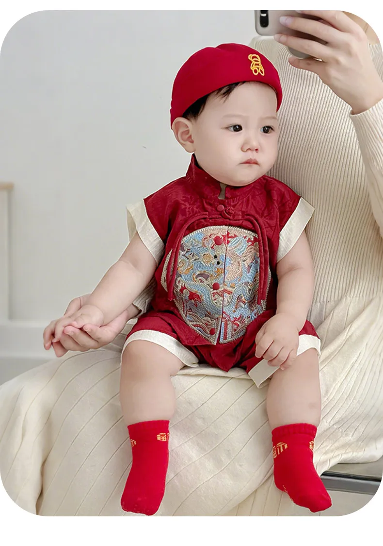 【Youqi】زي أطفال صيني للأطفال من عمر 0 إلى عامين، طقم صيفي شورت بأكمام قصيرة، زي احتفال مائة يوم على شكل قمر كامل أحمر، طقم مكون من قطعتين لعيد الميلاد الأول
