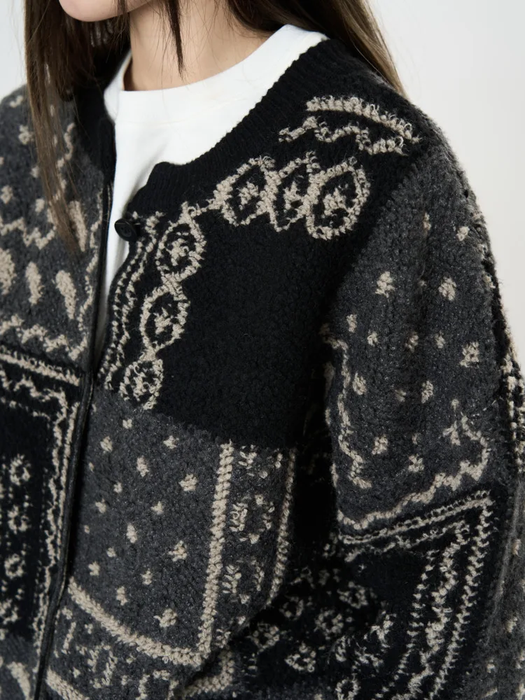[LANMREM] Print Design Contrast Color Knit Sweater For Women Round Neck Long Sleeve Cardigan Coats 2025 Spring New 26C1702 6