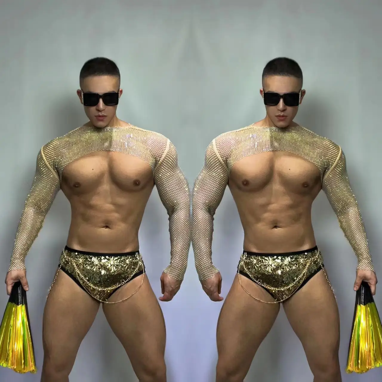 

Nightclub Gogo Dance Costume Sexy Rhinestone Net Tops Sequins Shorts Muscle Men Pole Dance Clothes Gogo Dancewear