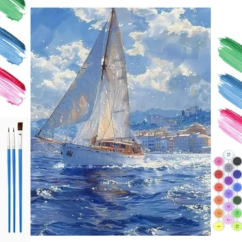 Kit di pittura a numeri fai da te con immagini di barche a vela, dipinti a numeri per adulti, paesaggio marino, pittura acrilica su tela per decorazioni per la camera da letto e la casa