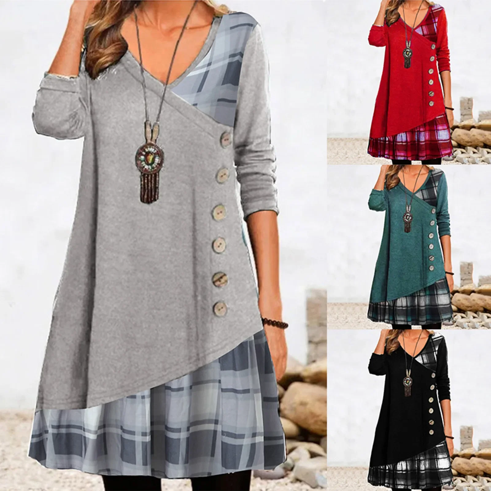 

Casual Plaid Spliced Dresses for Women Fashion Autumn Winter Female Vintage Button Long Sleeve Loose V-Neck Patchwork Dresse