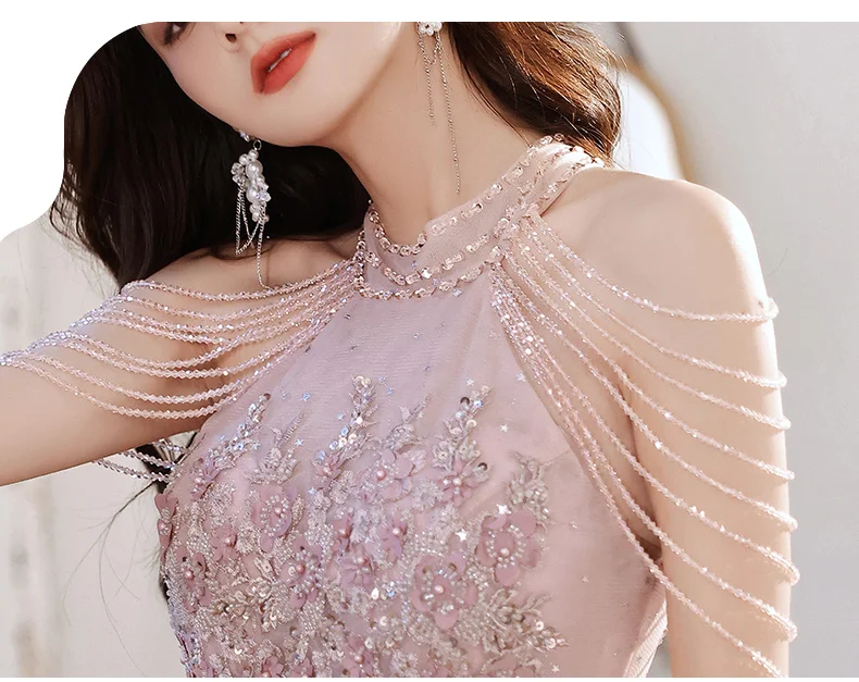 short formal dresses Halter Pink Prom Dresses With Beads Luxury Appliques A-Line Floor-Length Sequined Tulle Long Women Evening Dresses For Wedding hot pink prom dress