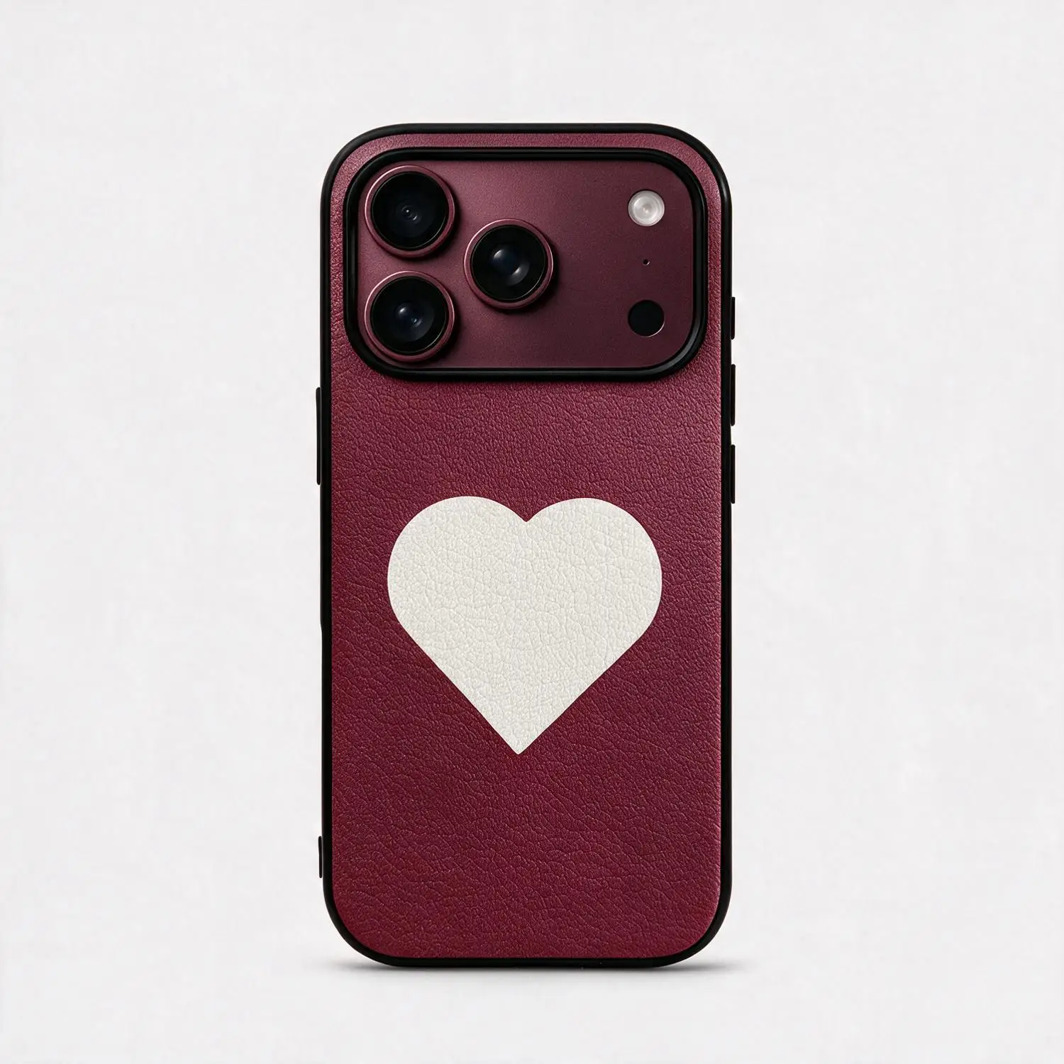 Luxury Burgundy Red Genuine Leather Shockproof Phone Case with Heart Pattern