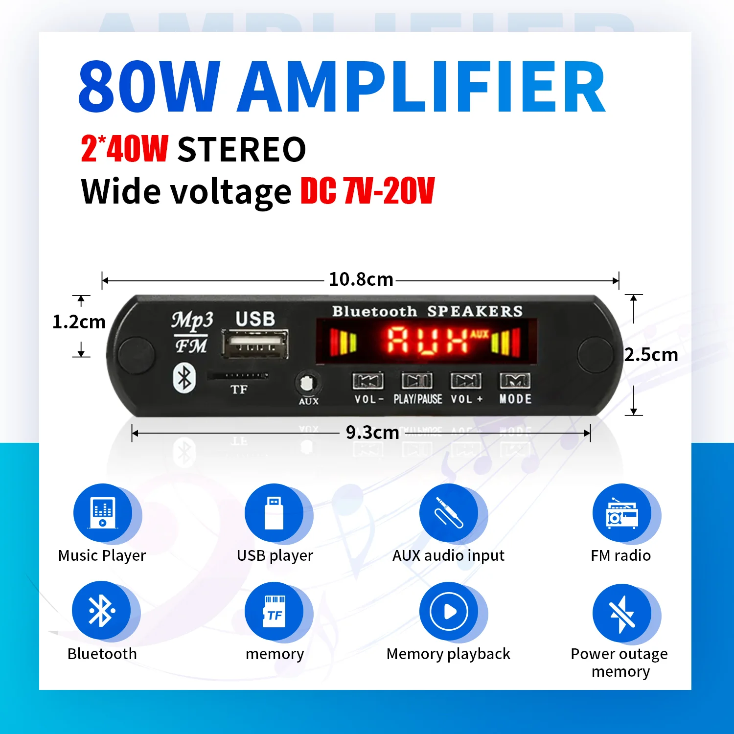 80W Amplifier MP3 Decoder Board DC 12V 18V Bluetooth 5.0 MP3 Player Car FM Radio Module Music Audio Recording Call for Speaker