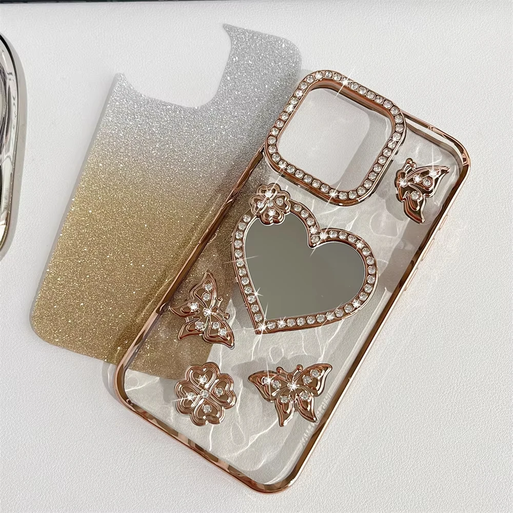 Luxury Electroplate Love Butterfly Diamond Phone Case For IPhone 16 15 14 13 12 11 Pro Max Transparent Glitter Mirror Back Cover