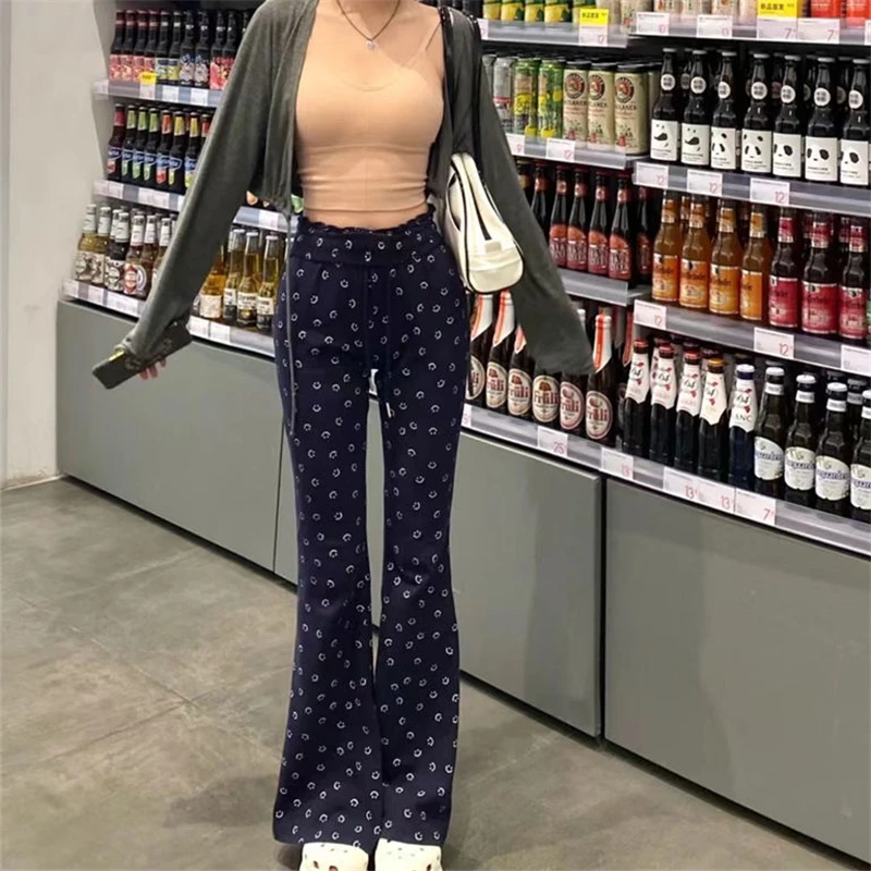 Vintage Korean Style Smile Print Y2K Harajuku Chic Trousers Female Spring Women's Casual Streetwear High Waist Slim Flare Pants