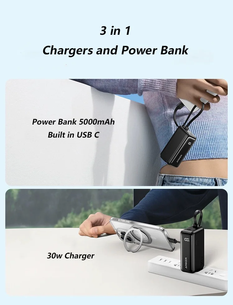 Anker 3 in 1 Hybrid Power Bank 5000 mAh 30W Power Delivery with Built-in USB C Cable for iPhone 15 Series 4