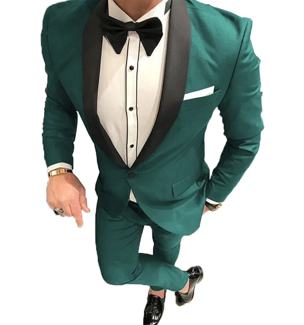 Navy Men Suits Shawl Lapel Flat Tuxedos One button Blazer Groomsmen Prom Suit For Wedding 2 pieces (Blazer+Pants)