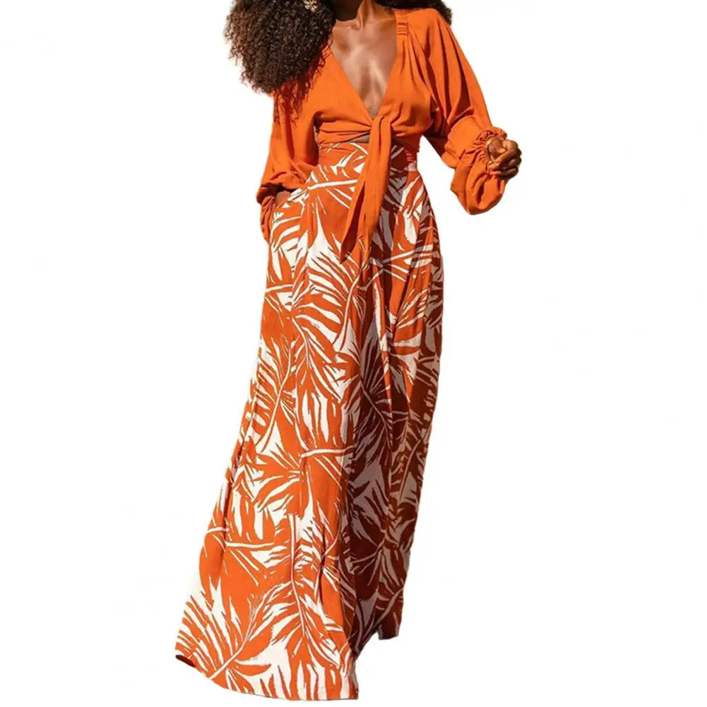 

Женский комплект из двух предметов, топ с V-образным вырезом и принтом листьев на шнуровке, брюки-кюлоты, Женский комплект трапециевидной формы с завышенной талией и подходящими брюками