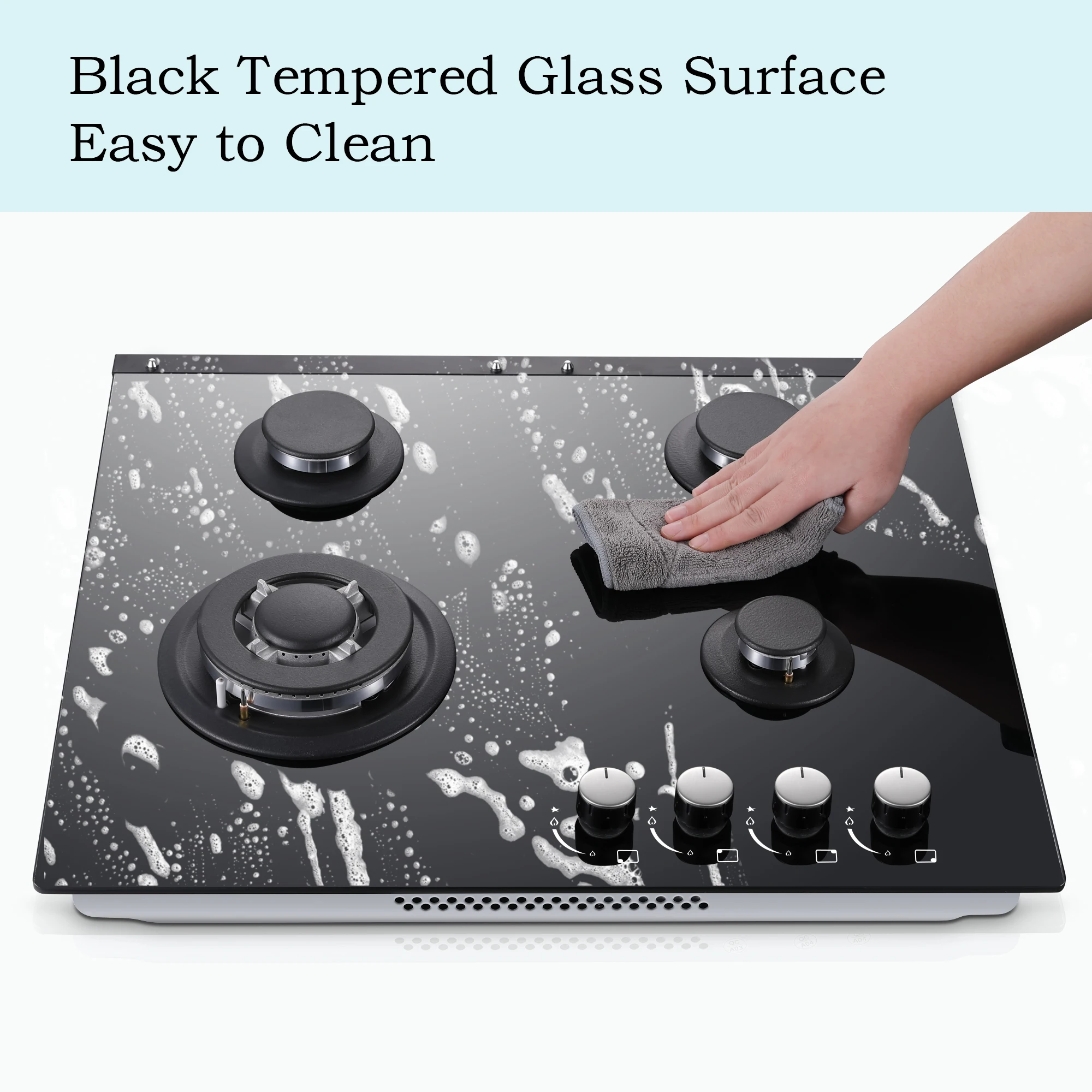 24 Inch 4-Burner Gas Cooktop | Dual Fuel NG/LPG Convertible | Thermocouple Protection & Built-in Design | Tempered Black Glass 4
