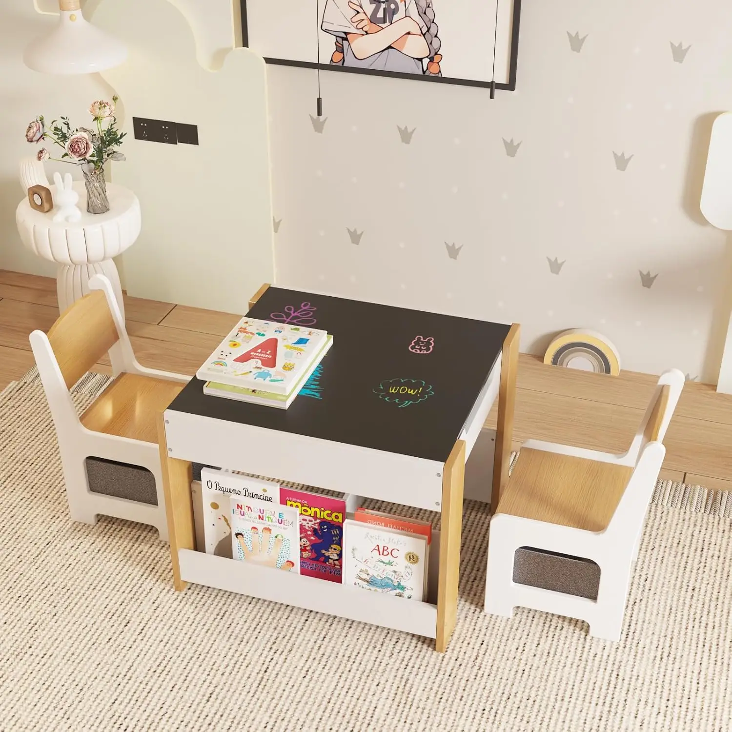 Kids Table and Chair Set,4-in-1 Wooden Activity Table with Blackboard, Whiteboard, Storage Drawer, Sturdy Safe Material, for Dra 2