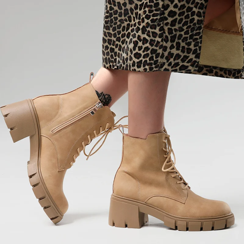 

New Ankle Boots Women's Boots High Heels Women's Shoes Zipper Women's Thick Soled Short Boots Autumn Genuine Leather Botas Mujer