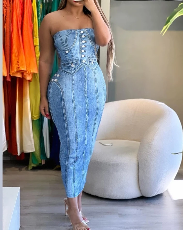 Women's Urban Suits Denim Look Print Bandeau Bodycon Dress 2024 Summer Latest Casual Sleeveless All Over Print Skinny Skirt