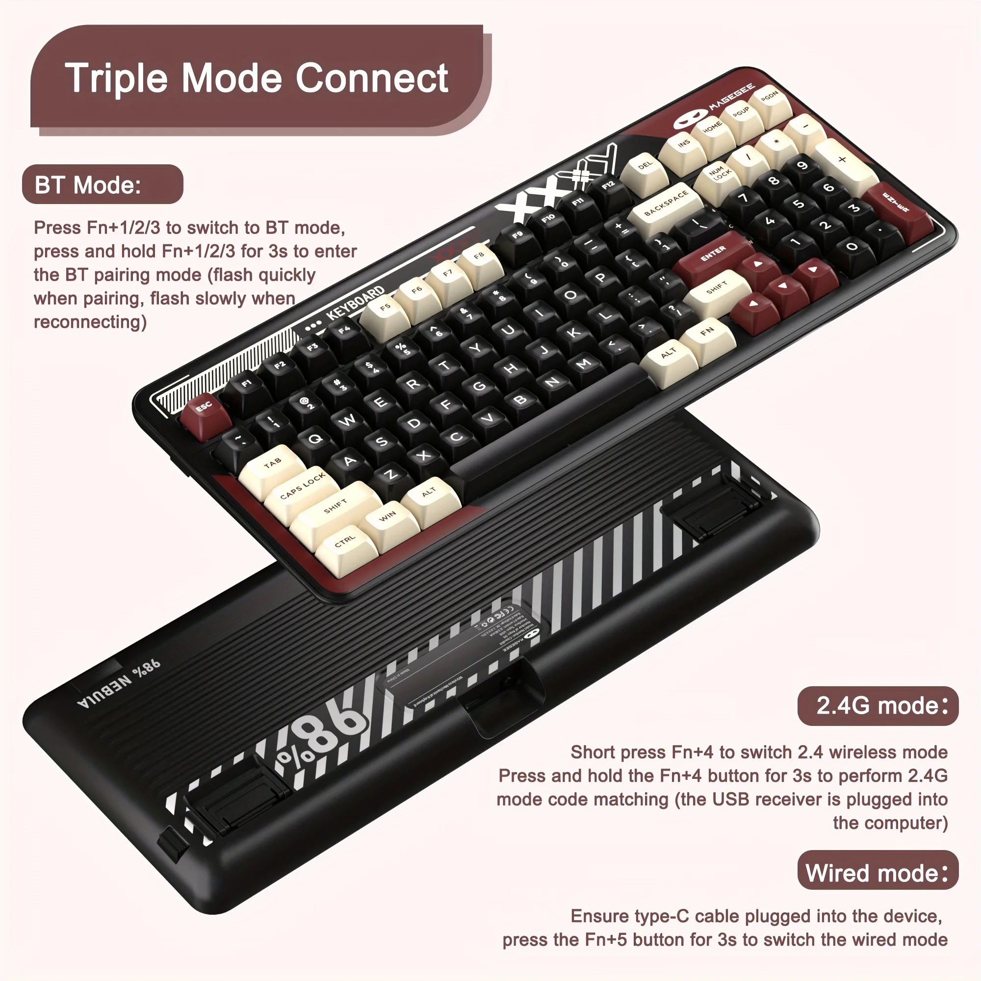 MageGee 맞춤형 샤프트 키보드 액슬 시트, 핫 스왑 가능 트라이 모드, BT, USB, 2.4G 연결 키보드, 무선 기계식 키, 98 키