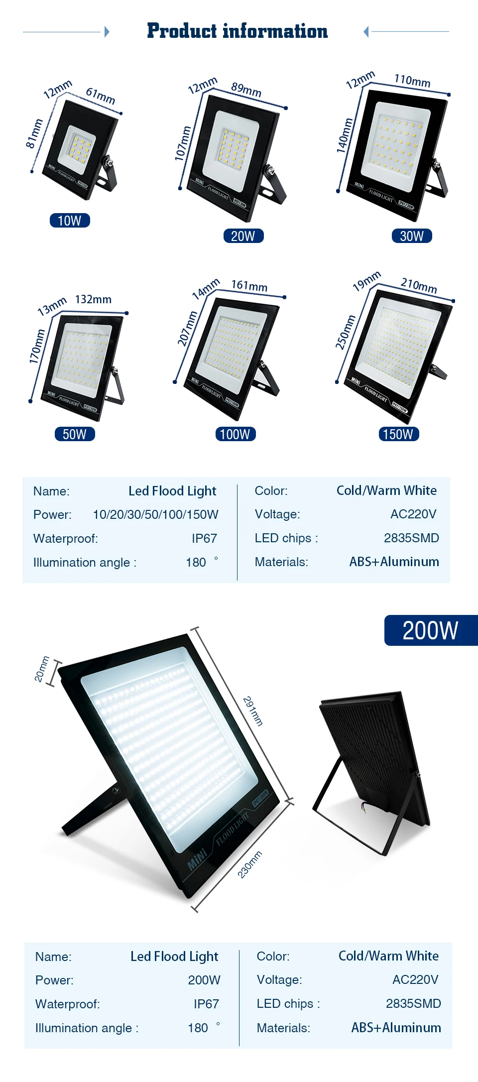 LED Flood Light 220V 10W 20W 30W 50W 100W 150W 200W IP67 Waterproof Outdoor FloodLights S01fe78e945564c7d9103bd47892ea8bd1