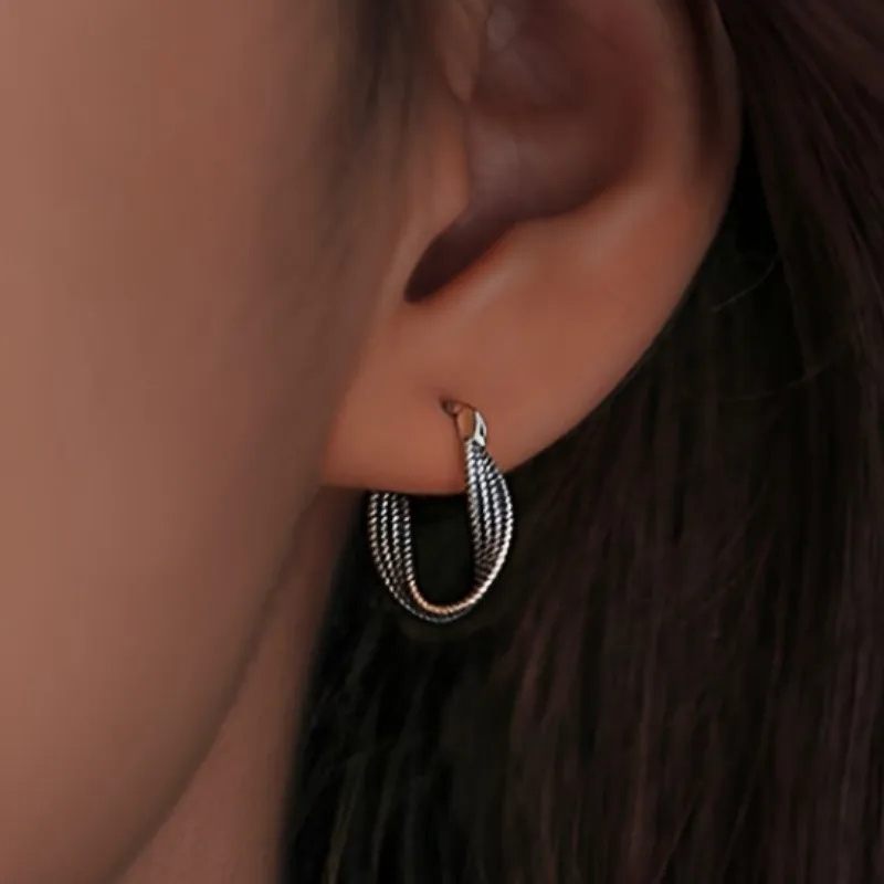 Silver Color Fried Dough Twists Hoop Earrings for Women Vintage Unique Design Earring Girls Daily Party Jewelry
