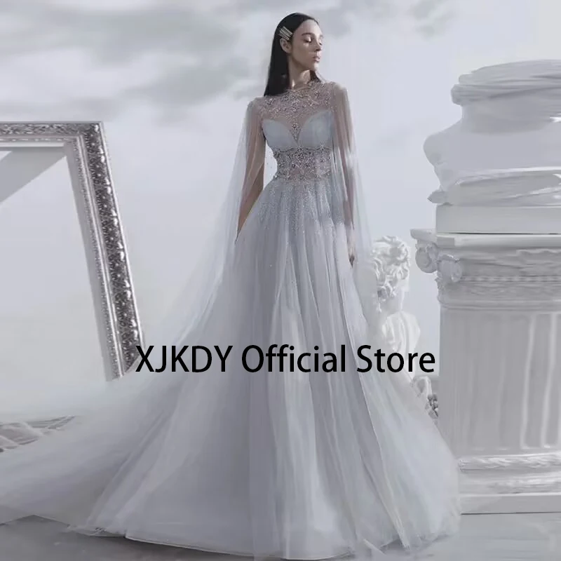 

Luxury Crystal Silver Dubai Evening Dress with Cape Long Arabic Prom Formal Dresses for Women Wedding Party