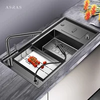 ASRAS Large Size Nanometer Stepped Kitchen Sink 304 Stainless Steel 4mm Thickness Handmade Sinks With Knife Holder And Trash Can 1