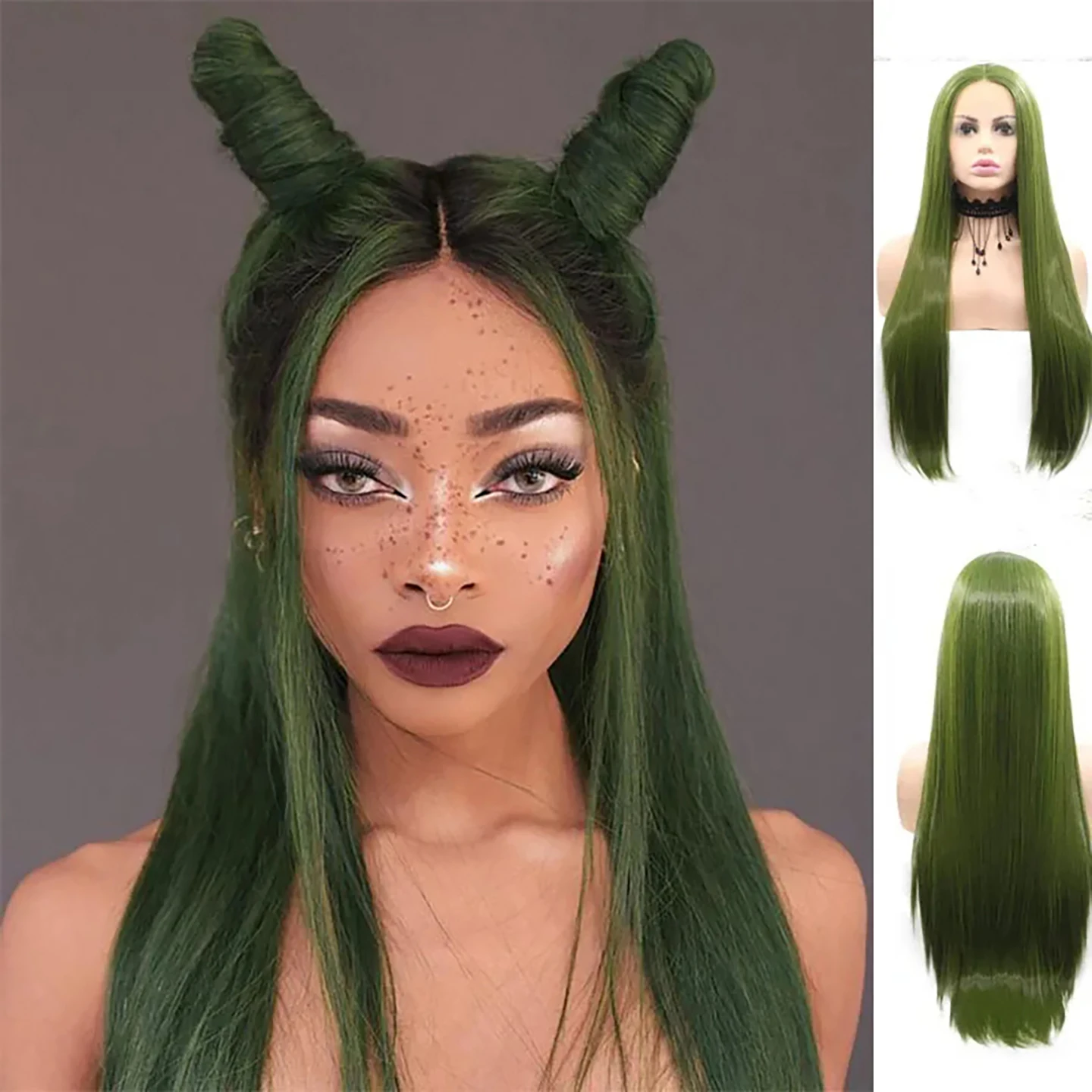 Stunning Olive Green Long Straight Synthetic Hair Wig 24 Inch Matcha Green T Part Lace Front Wig Heat Resistant Synthetic Fiber