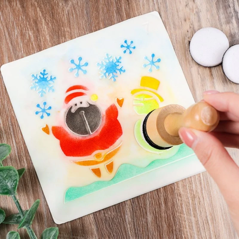 1Pcs 나무 손잡이 스폰지 씰 중공 템플릿 DIY 일기 장식 씰 DIY 염료 재료 학생 사무용품