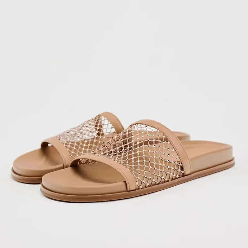 

TRAF Khaki Mesh Upper Flatform Slippers Women Outdoor Round Head Open Toe Thick Sole Shoes Casual Fishing Net Sandals For Woman