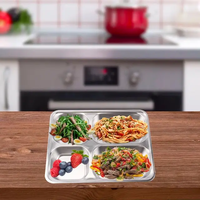 Reliable and Durable Steel Divided Plates Tray for Diet Food Control and Camping