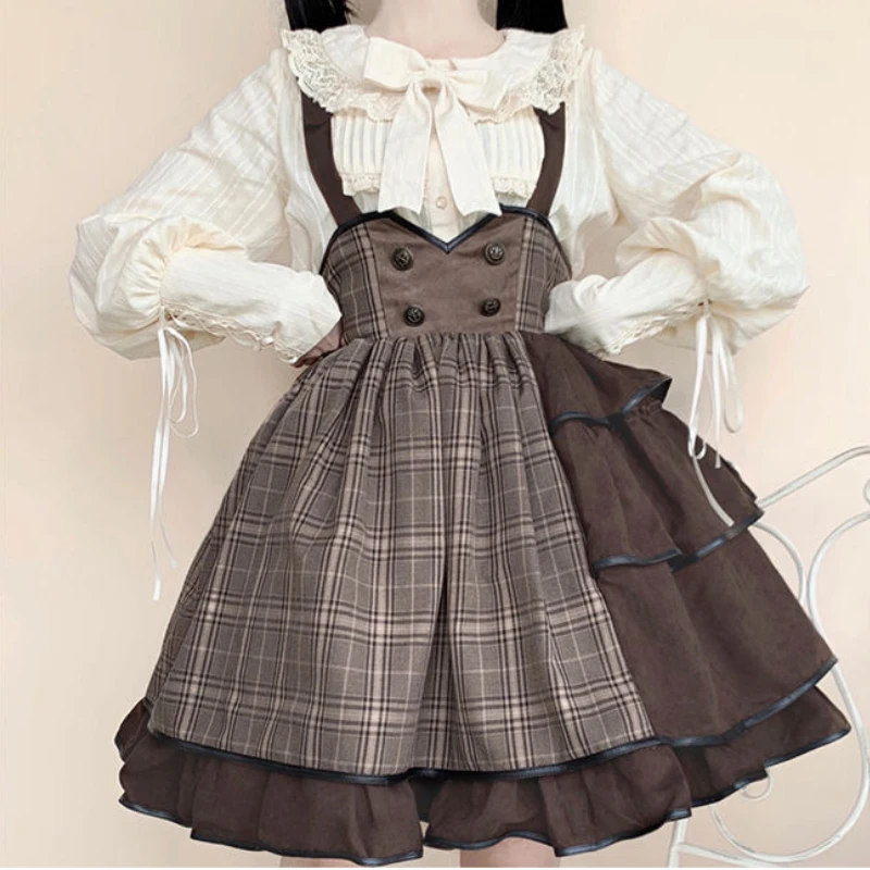 Spring Summer Japanese Gothic Lolita Jsk Dress Women Kawaii Ruffle Harajuku Brown Strap Dress Girls Punk Loli Tea Party Vestidos lolita dress lolita suspender dress lolita cosplay costumes suspender dress