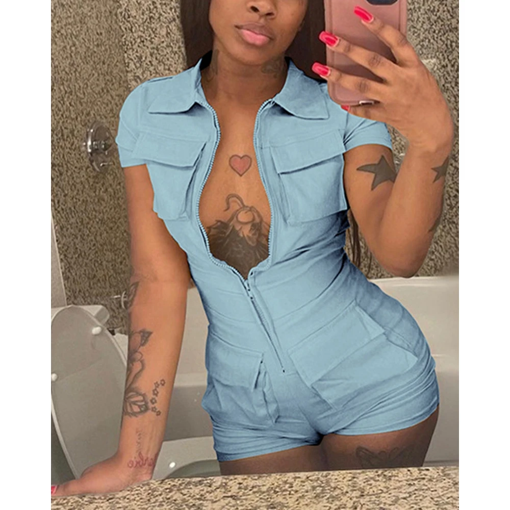 Elegant Women Pocket Design Short Sleeve Cargo Romper Sexy Plunge Casual Turn-down Collar Playsuit One Piece Outfits Summer Wear