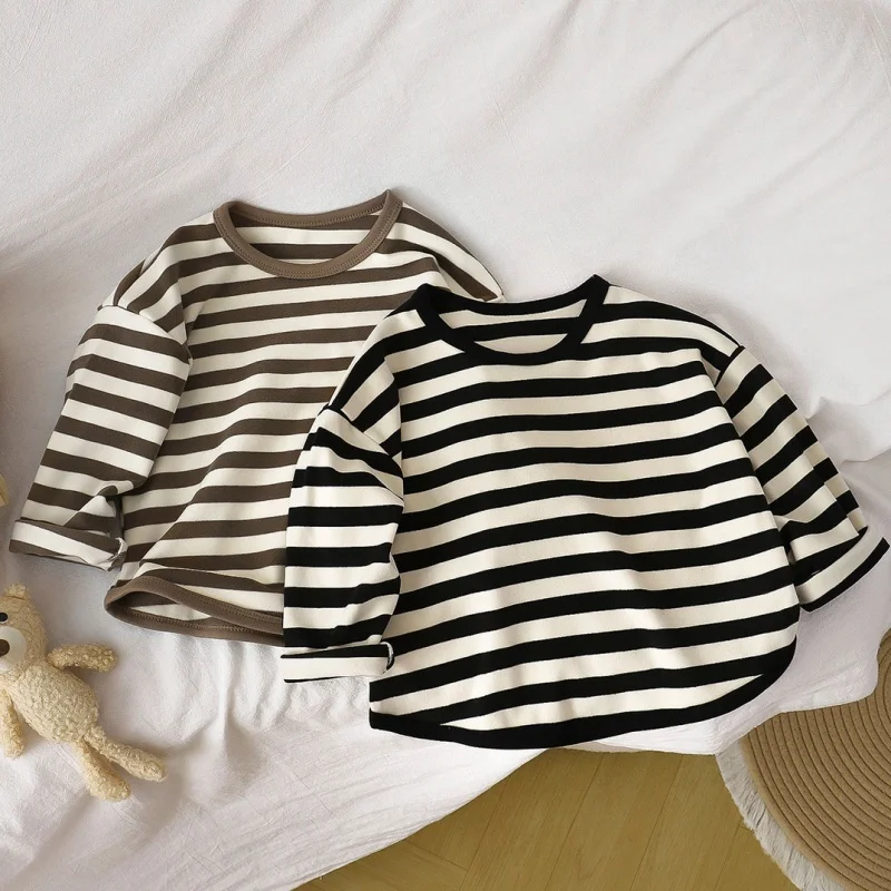 Children Casual T Shirt Spring Autumn New Children Casual T Shirt Loose Kids Striped T Shirts Soft Warm Tee Boys Girls Long Sleeve Tops Baby Clothes