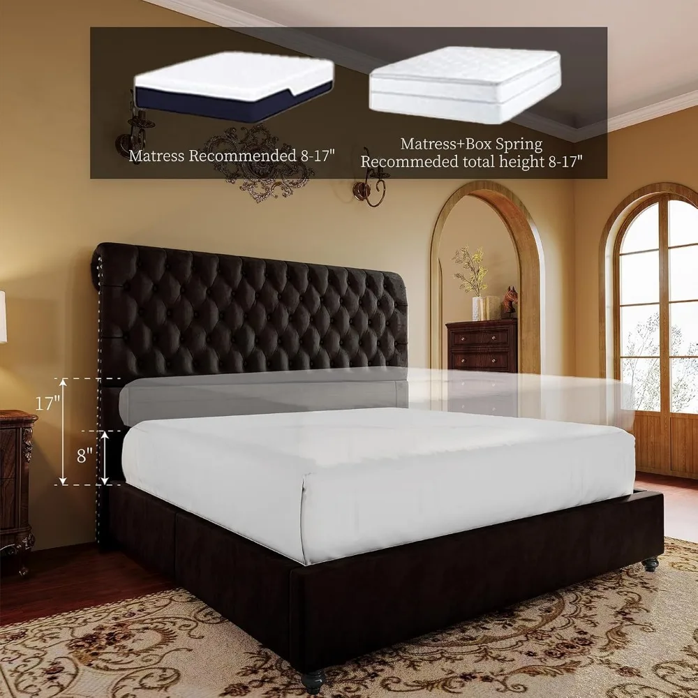 Bed Frame Queen Size Upholstered Platform Beds with 52.8'' Tall Sleigh Headboard, No Box Spring Needed, Bed Frame Queen 5