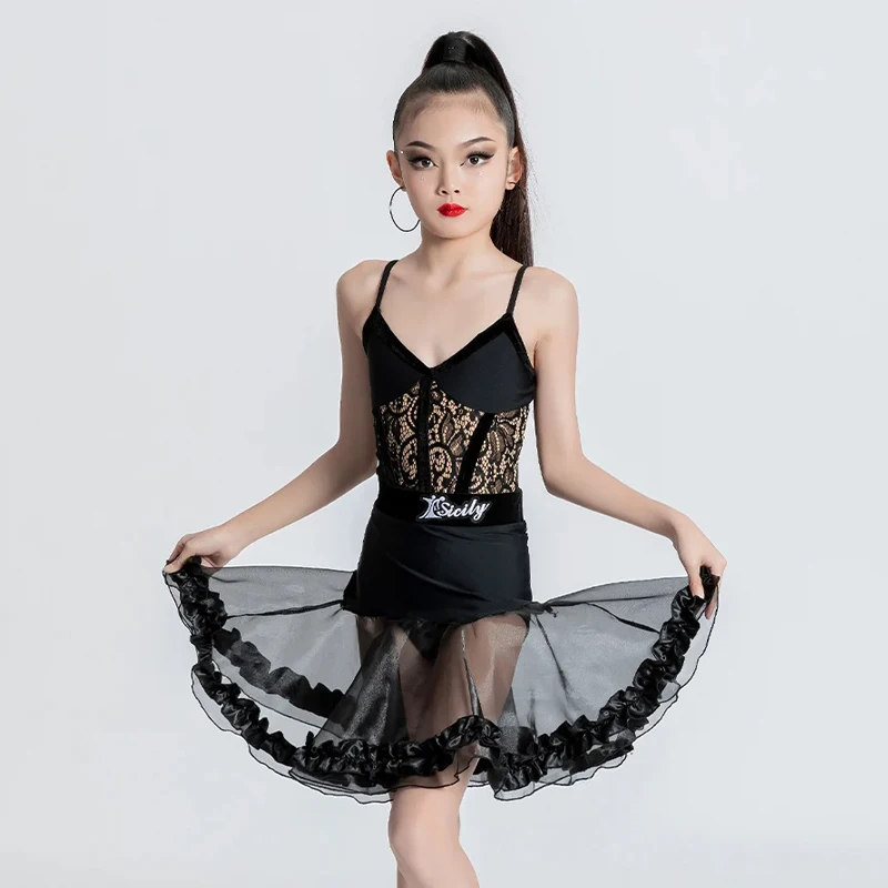 

Girls Latin Dance Costume Bodysuit Skirt Children Cha Cha Competition Dresses Rumba Samba Tango Practice Dancewear DL10511