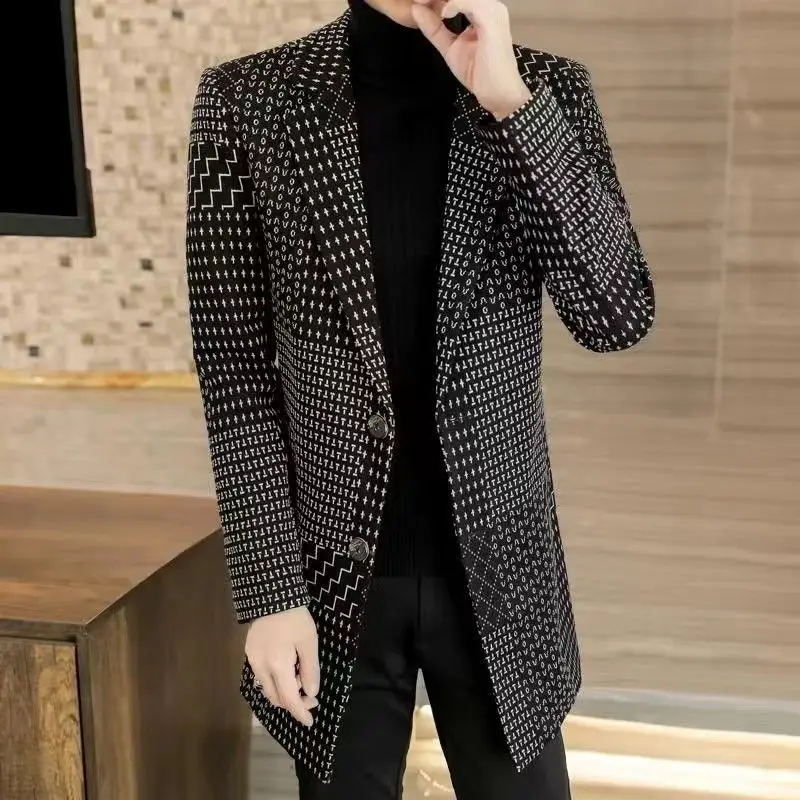 Autumn Winter New Fashion Turn-down Collar Long Sleeve Printing Trench Men's Clothing Korean Medium Long Styles Button Chic Tops