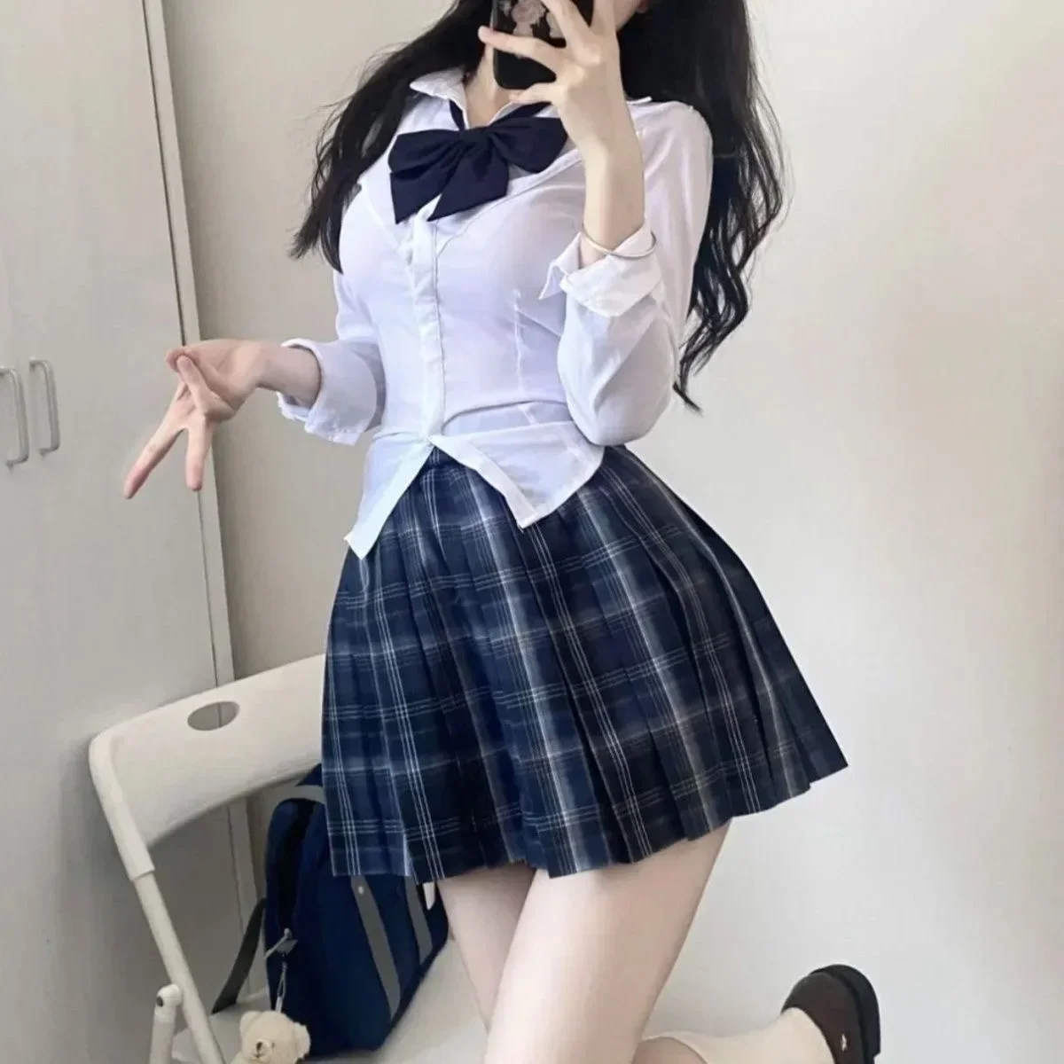 S-8xl plus size American Jk school uniform original uniform bow pleated skirt college style slim shirt high waist skirt suit japanese school uniform