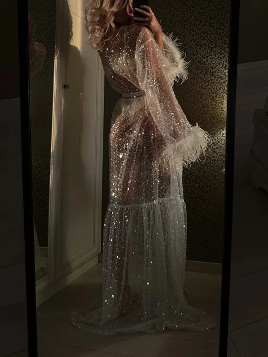Women's Sequins Nightdress Feather Patchwork Long Sleeve Tulle Night Dress Kimono Robe Sleepwear Plush Cuff Bikini Cover up