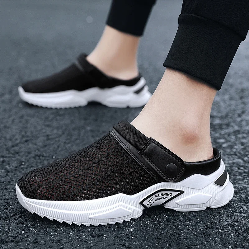 2022 Men Summer Sandal Mesh Mules Breathable Padded Beach Flip Flops Shoes Solid Flat Bath Slippers Outside Men Slippers Zapatos