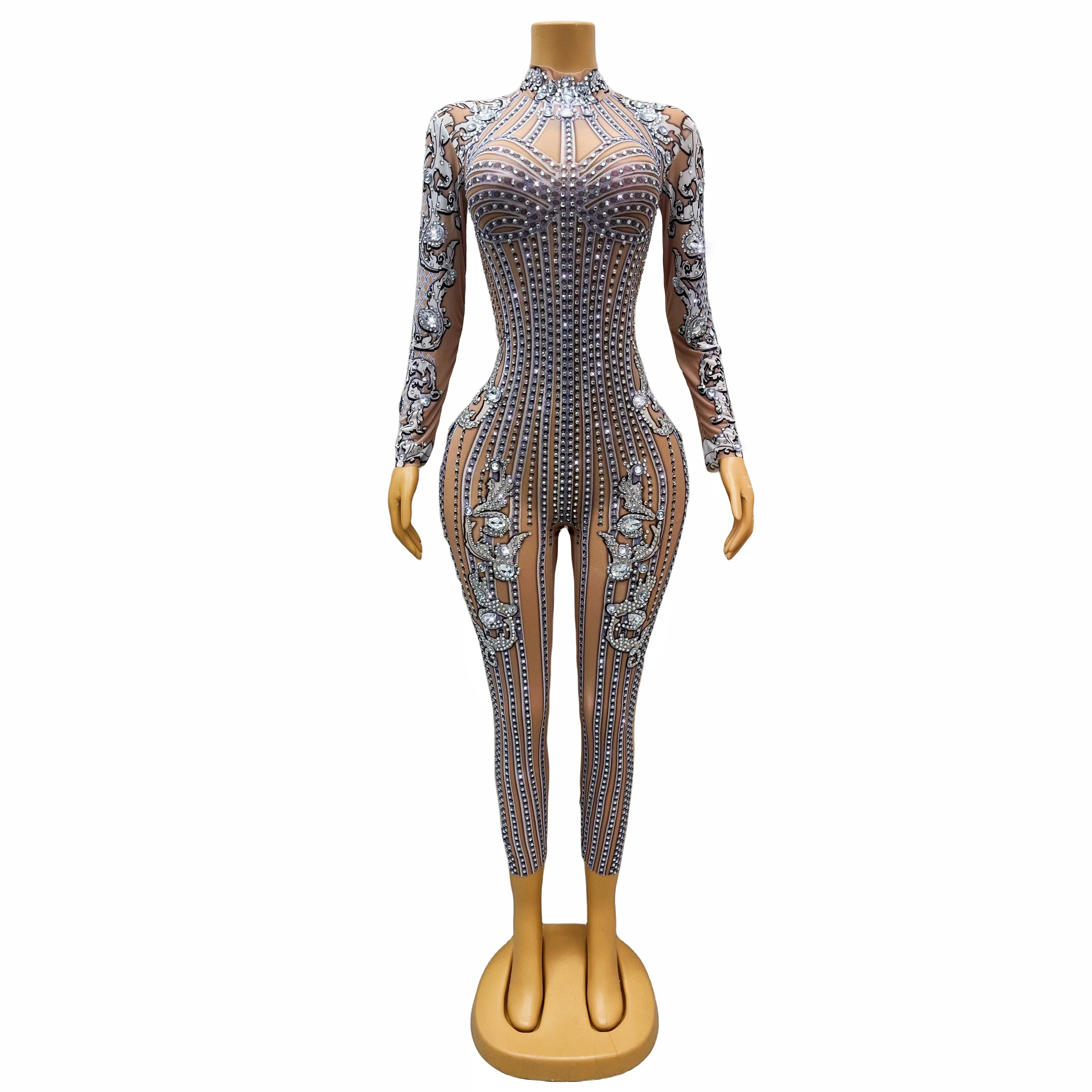 

Shining Silver Crystals Birthday Celebrate Bodysuit Prom Jumpsuit Outfit Sexy Long Sleeves Evening Costume