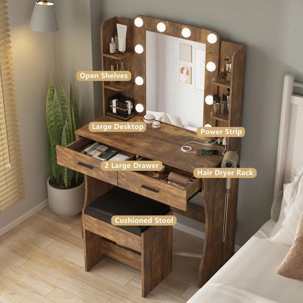 Vanity Desk with Lights,Makeup Vanity with Power Strip,Dressing Table Set with 2 Large Drawers,Vanity Mirror 3 Lighting Color Ad 6