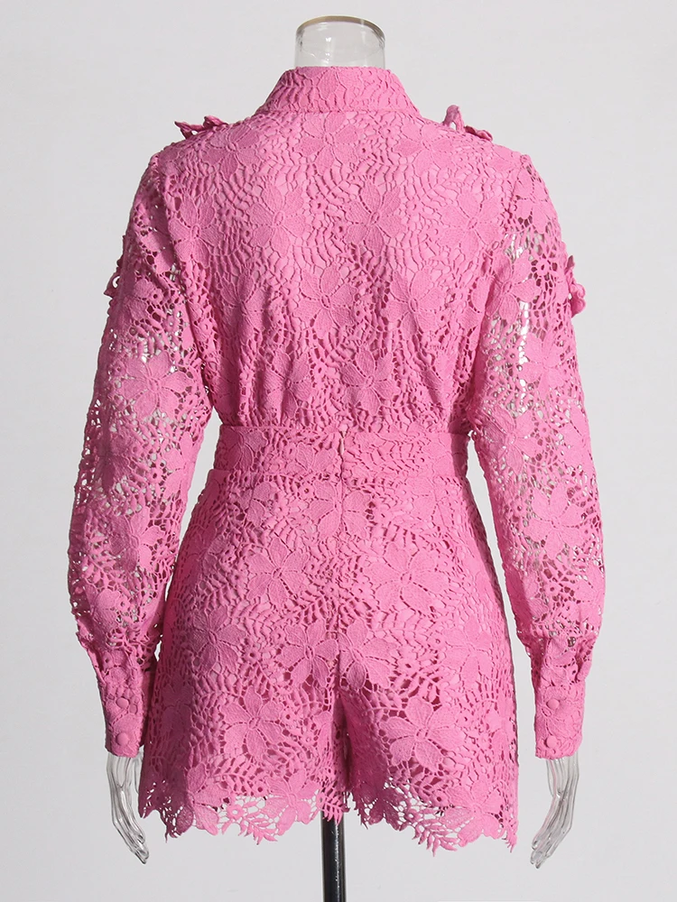 GALCAUR Embroidery Elegant Two Piece Sets For Women Lapel Long Sleeve Tops High Waist Casual Shorts Spliced Appliques Set Female